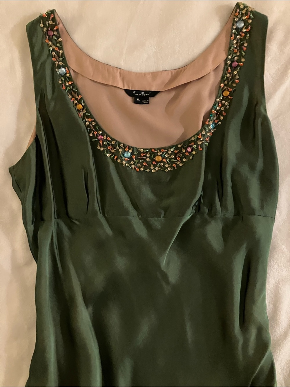 Vintage ECI New York Silk Green Beaded Asymmetrical Y2K Collection Piece - Picture 3 of 10